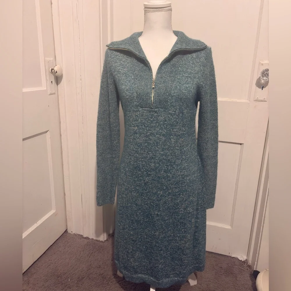 Talbots Zip-Front Sweater Dress | Small | Teal‎ Blue Knit Collared midi